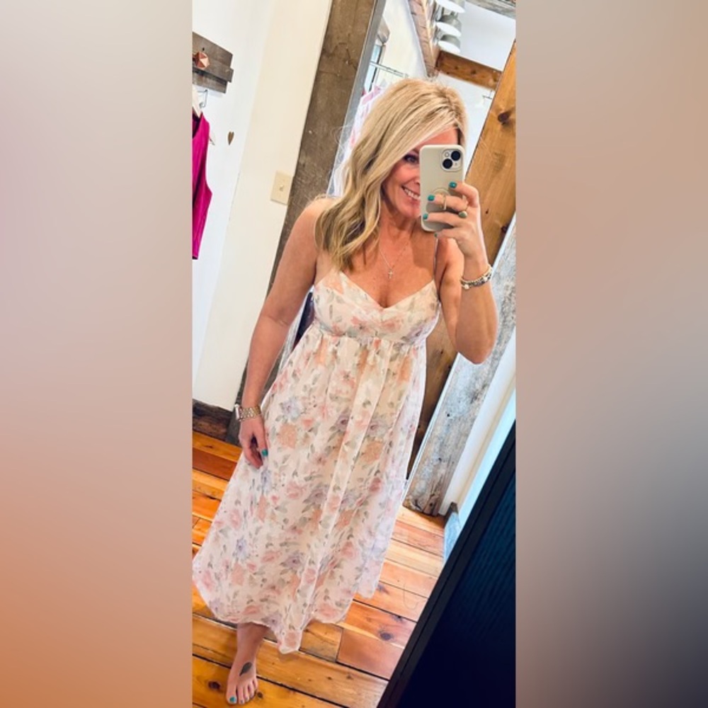 🌸 NWOT Romantic Floral Midi Dress Boutique Girly Pastel Bridal Wedding 🌸 - Picture 7 of 8